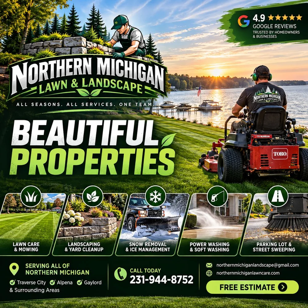 Northern Michigan Lawn & Landscape advertisement: Beautiful Properties. Lawn care, landscaping, snow removal, power washing and parking lot sweeping. Call 231-944-8752.
