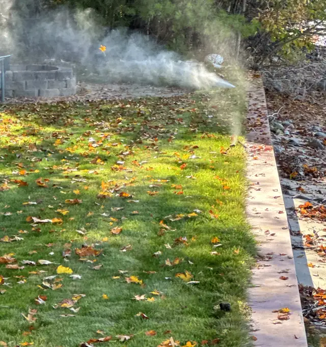A sprinkler head blowing mist across a lawn edge beside a garden bed wall