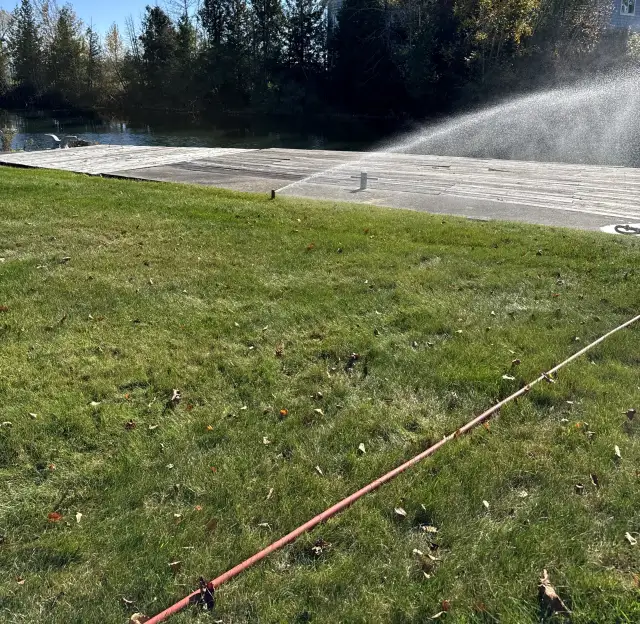A sprinkler blowing out across a lawn beside a pond and dock