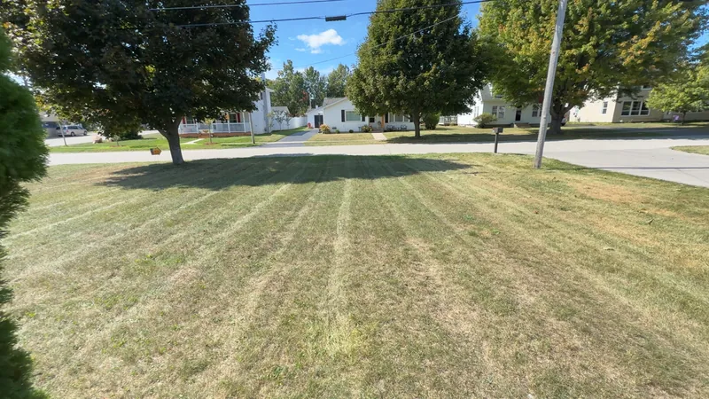 Long mowing stripes across a large in-town lawn